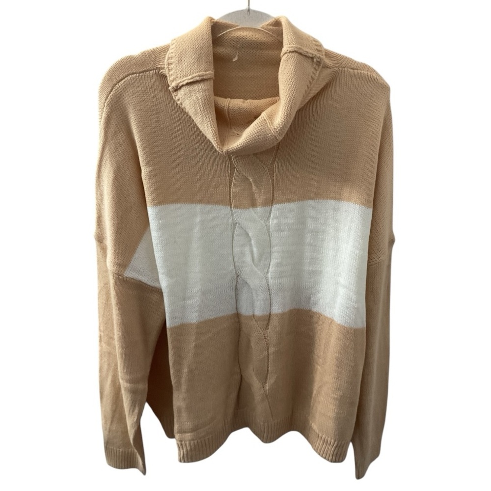 Tan and White Cowl Neck Sweater with Color Blocking P:30 L:27
